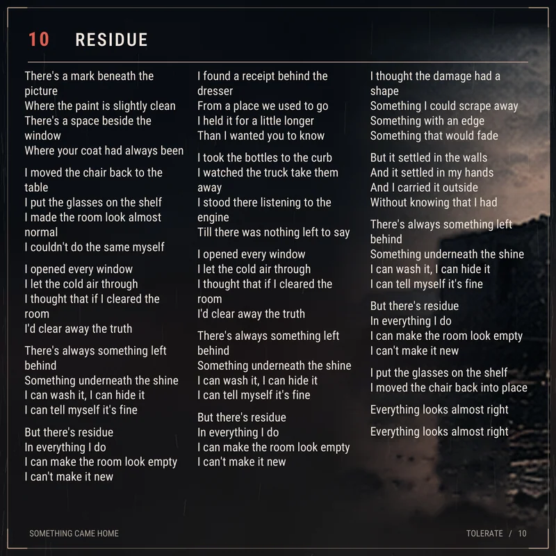Lyric sheet for track 10, Residue.