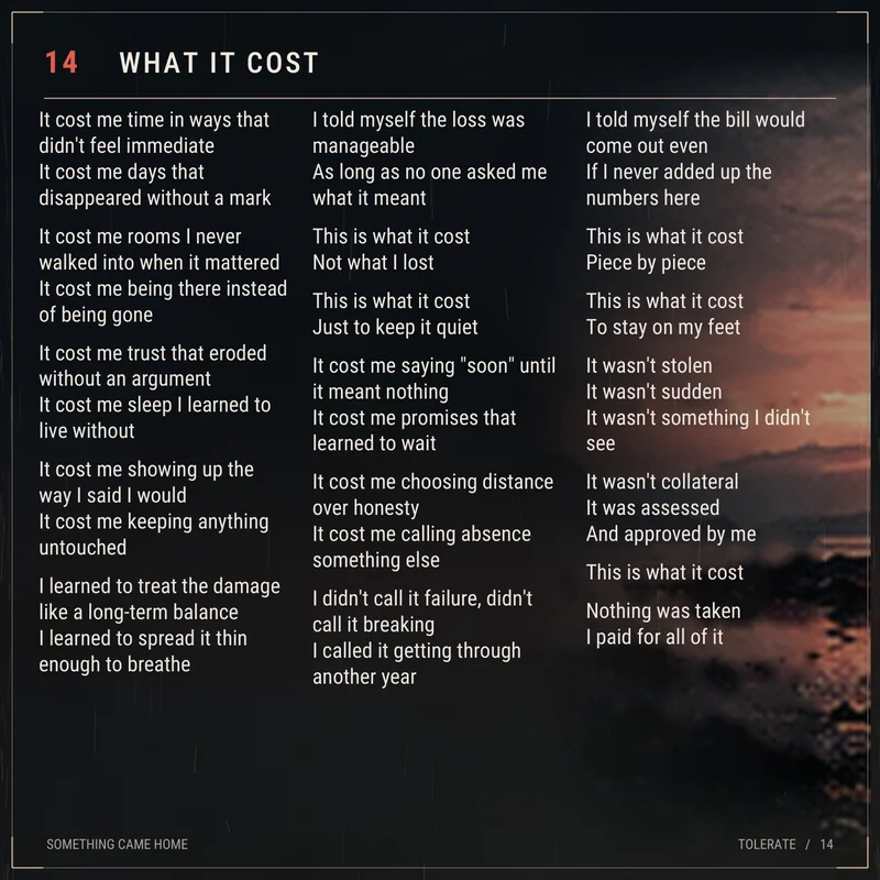 Lyric sheet for track 14, What It Cost.