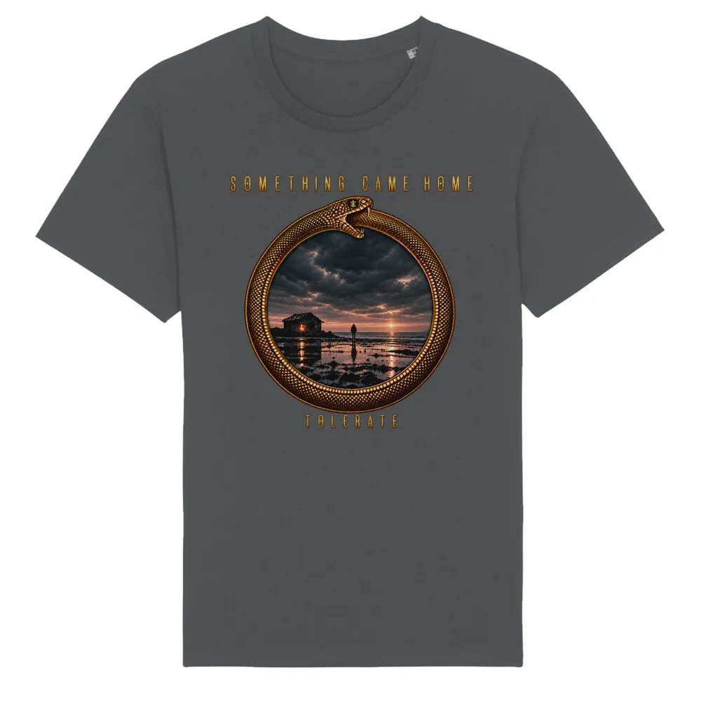 Color tee in Anthracite, front view: gold ouroboros ring framing a stormy sunset over a tidal flat, with the band name above and TOLERATE below.