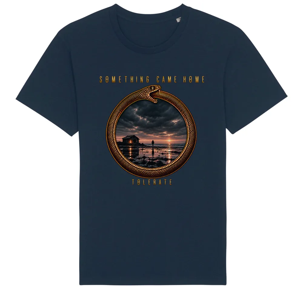 Color tee in Navy, front view: gold ouroboros ring framing a stormy sunset over a tidal flat, with the band name above and TOLERATE below.