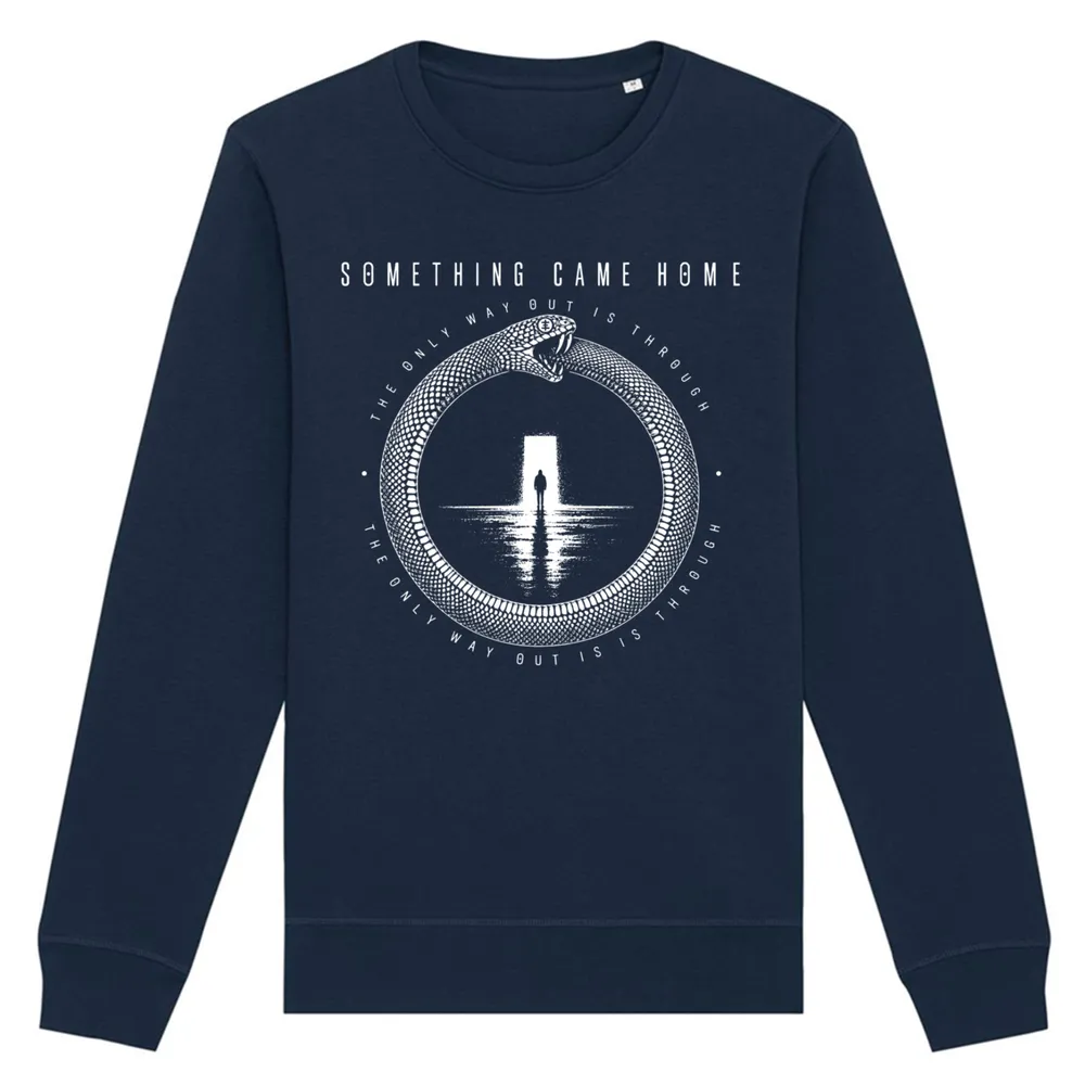 Crewneck sweatshirt in Navy, front view: white ouroboros snake around a lone figure at a doorway, with the band name above.