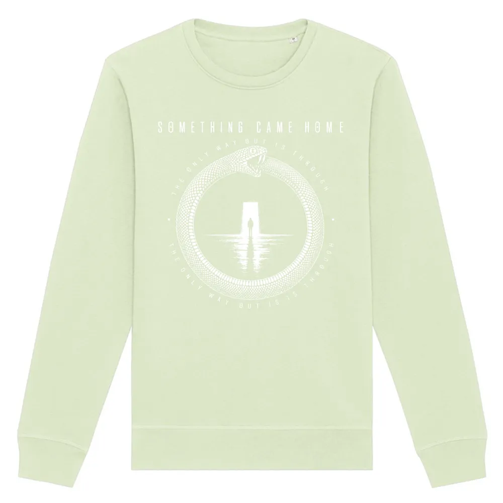 Crewneck sweatshirt in Stem Green, front view: white ouroboros snake around a lone figure at a doorway, with the band name above.