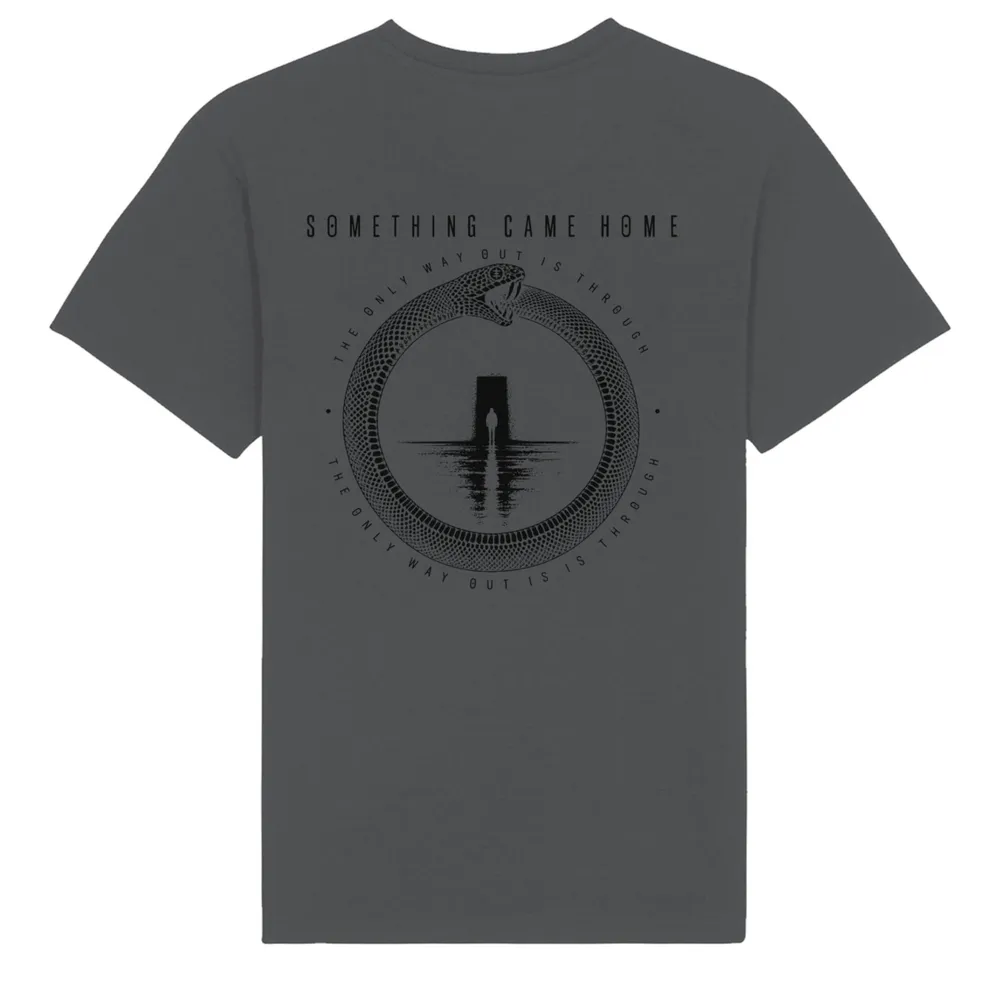 Double-sided tee in Anthracite, back view: full black ouroboros design on the back, a snake circling a lone figure at a doorway.