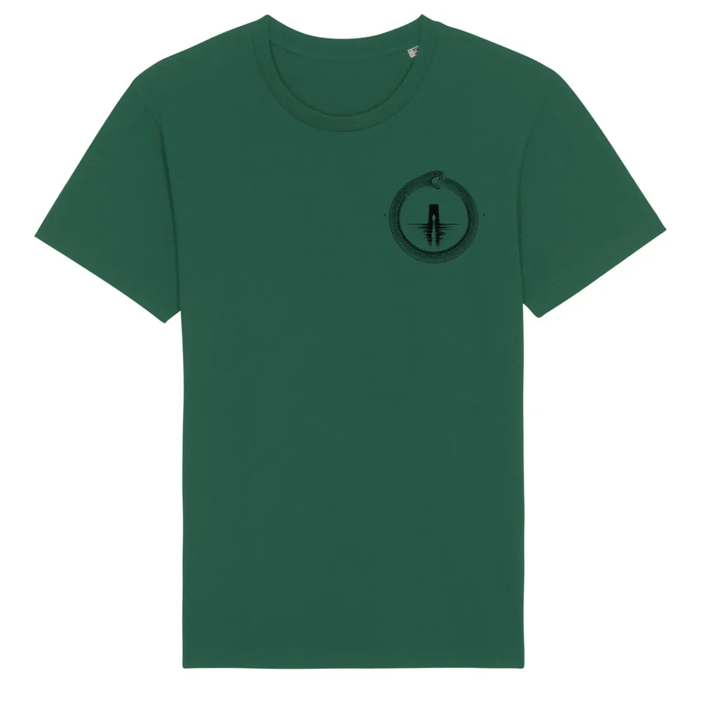 Double-sided tee in Bottle Green, front view: small black ouroboros emblem on the front.