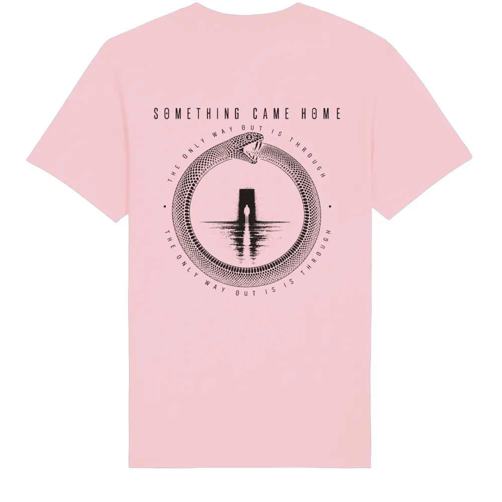 Double-sided tee in Cotton Pink, back view: full black ouroboros design on the back, a snake circling a lone figure at a doorway.