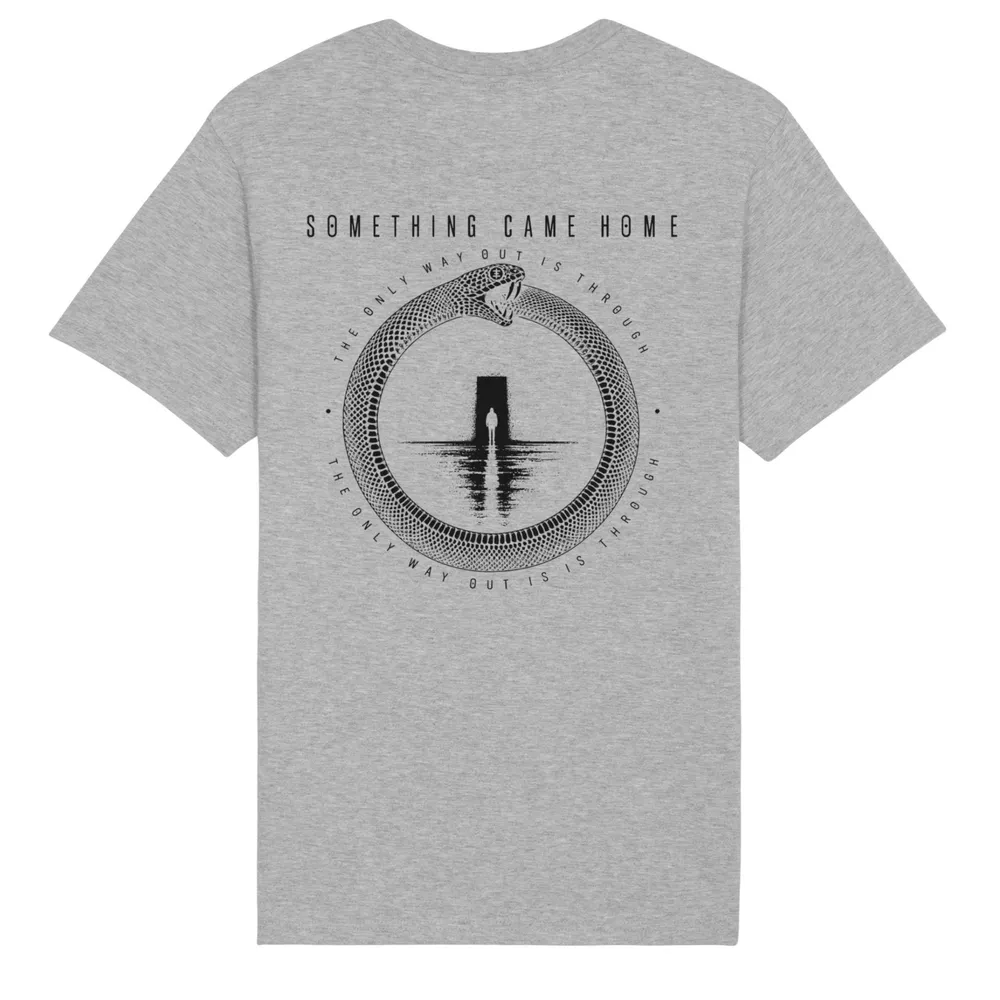 Double-sided tee in Heather Grey, back view: full black ouroboros design on the back, a snake circling a lone figure at a doorway.