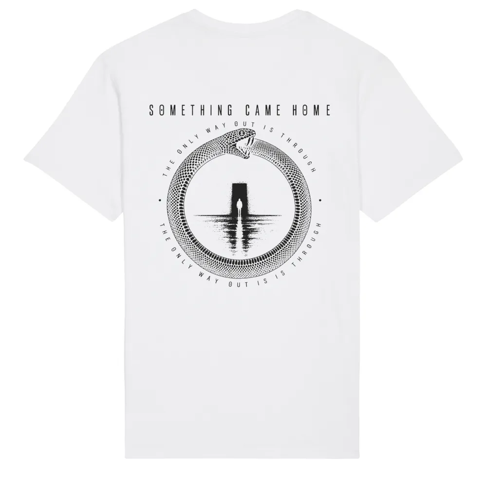 Double-sided tee in White, back view: full black ouroboros design on the back, a snake circling a lone figure at a doorway.
