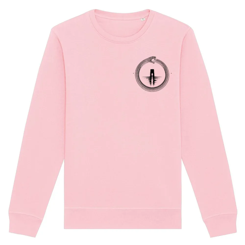 Double-sided crewneck in Cotton Pink, front view: small black ouroboros emblem on the front.