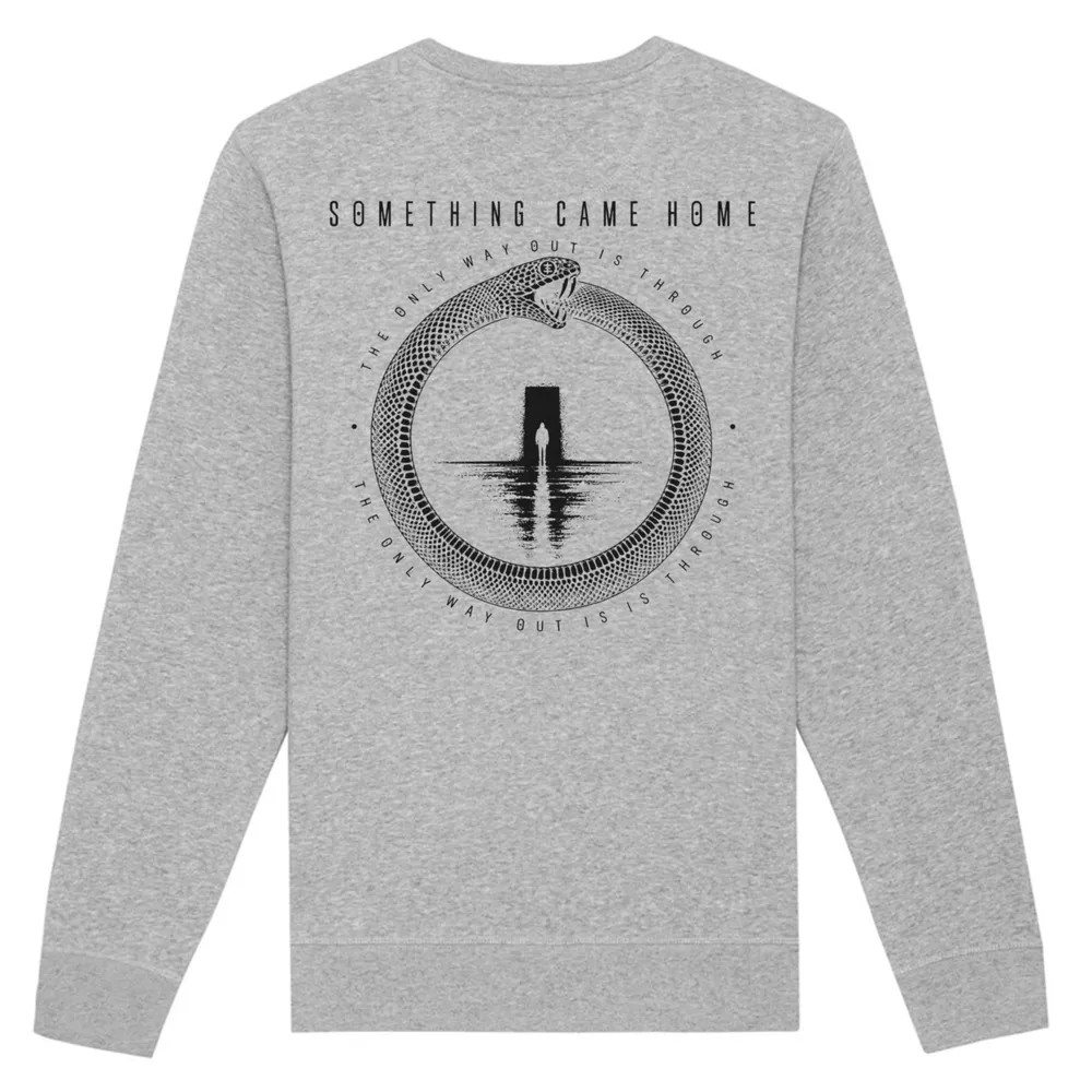 Double-sided crewneck in Heather Grey, back view: full black ouroboros design on the back, a snake circling a lone figure at a doorway.