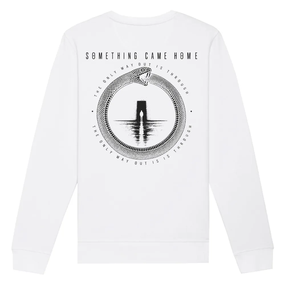 Double-sided crewneck in White, back view: full black ouroboros design on the back, a snake circling a lone figure at a doorway.