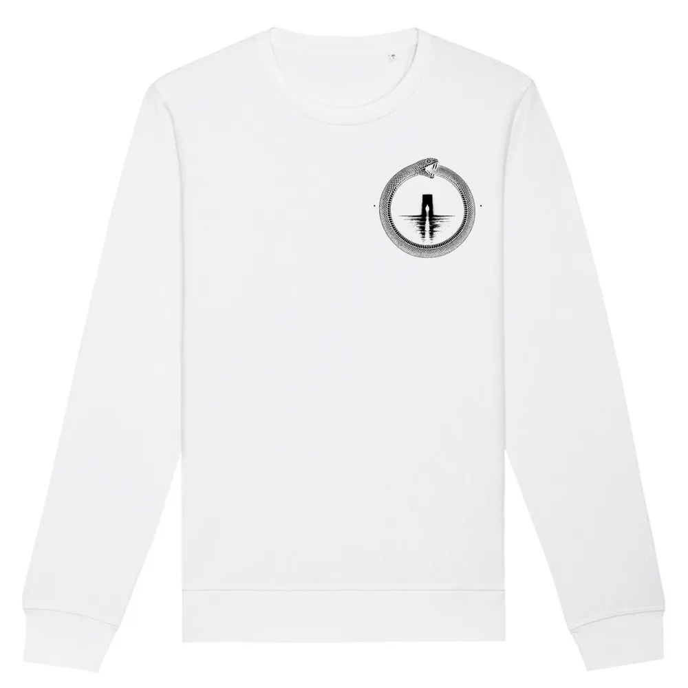 Double-sided crewneck in White, front view: small black ouroboros emblem on the front.