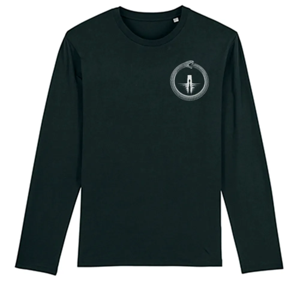 Long sleeve tee in Black, front view: small ouroboros emblem on the front.