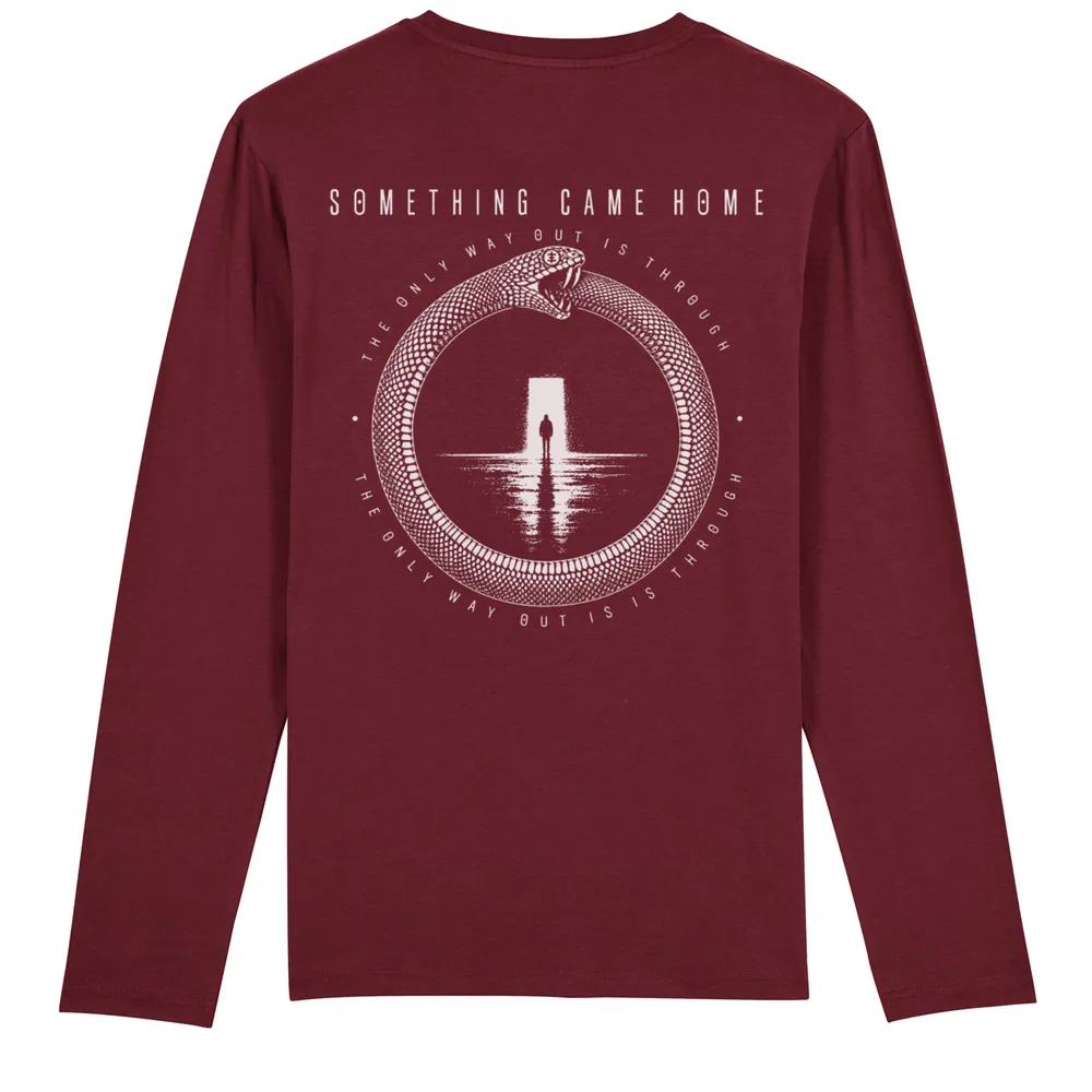 Long sleeve tee in Burgundy, back view: full ouroboros design on the back, a snake circling a lone figure at a doorway.