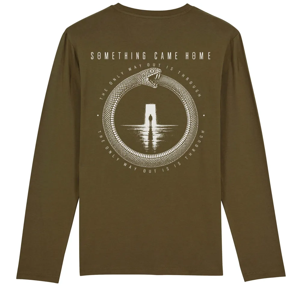Long sleeve tee in Khaki, back view: full ouroboros design on the back, a snake circling a lone figure at a doorway.