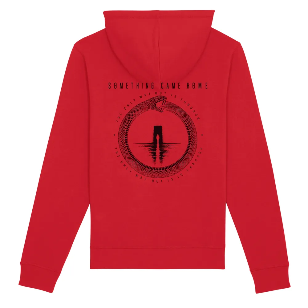 Pullover hoodie in Red, back view: full black ouroboros design on the back, a snake circling a lone figure at a doorway.