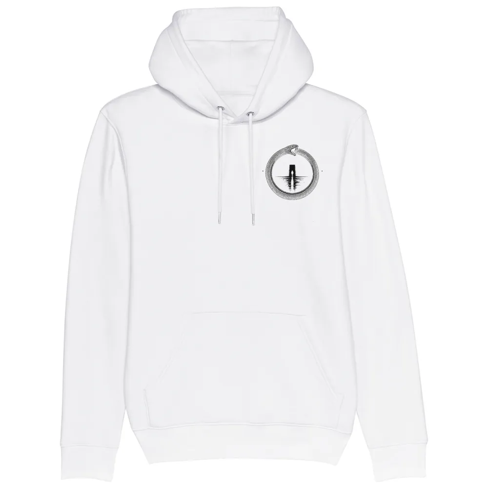 Pullover hoodie in White, front view: small black ouroboros emblem on the front.