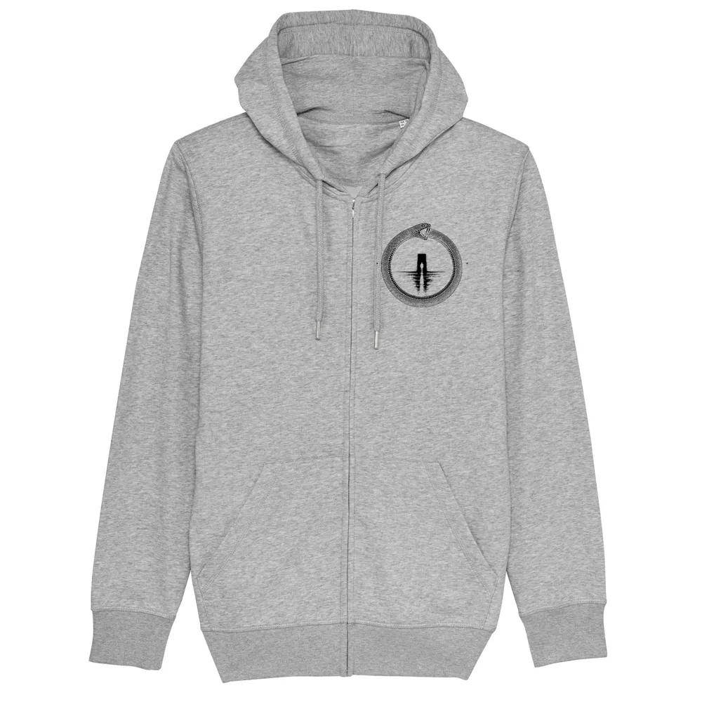 Zip hoodie in Heather Grey, front view: small black ouroboros emblem on the front.