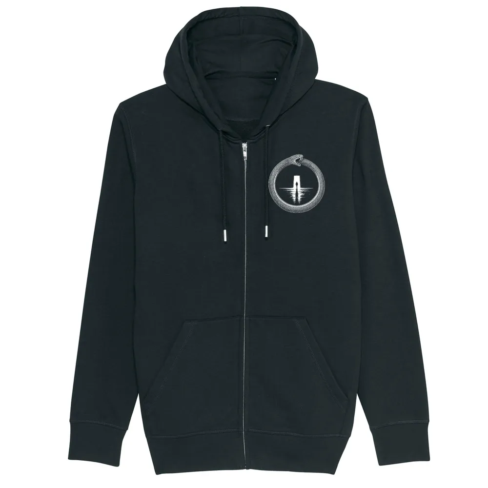 Zip hoodie in Black, front view: small ouroboros emblem on the front.