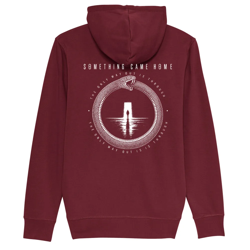 Zip hoodie in Burgundy, back view: full ouroboros design on the back, a snake circling a lone figure at a doorway.