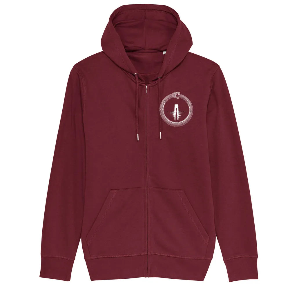 Zip hoodie in Burgundy, front view: small ouroboros emblem on the front.