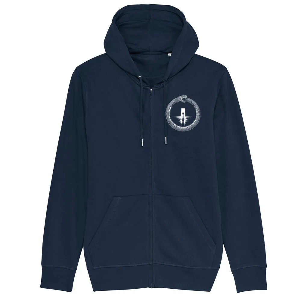 Zip hoodie in Navy, front view: small ouroboros emblem on the front.